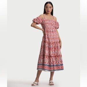 Ash & Eden Red Fenya Pom Pom Tiered Midi Cotton Dress Cotton Size Small